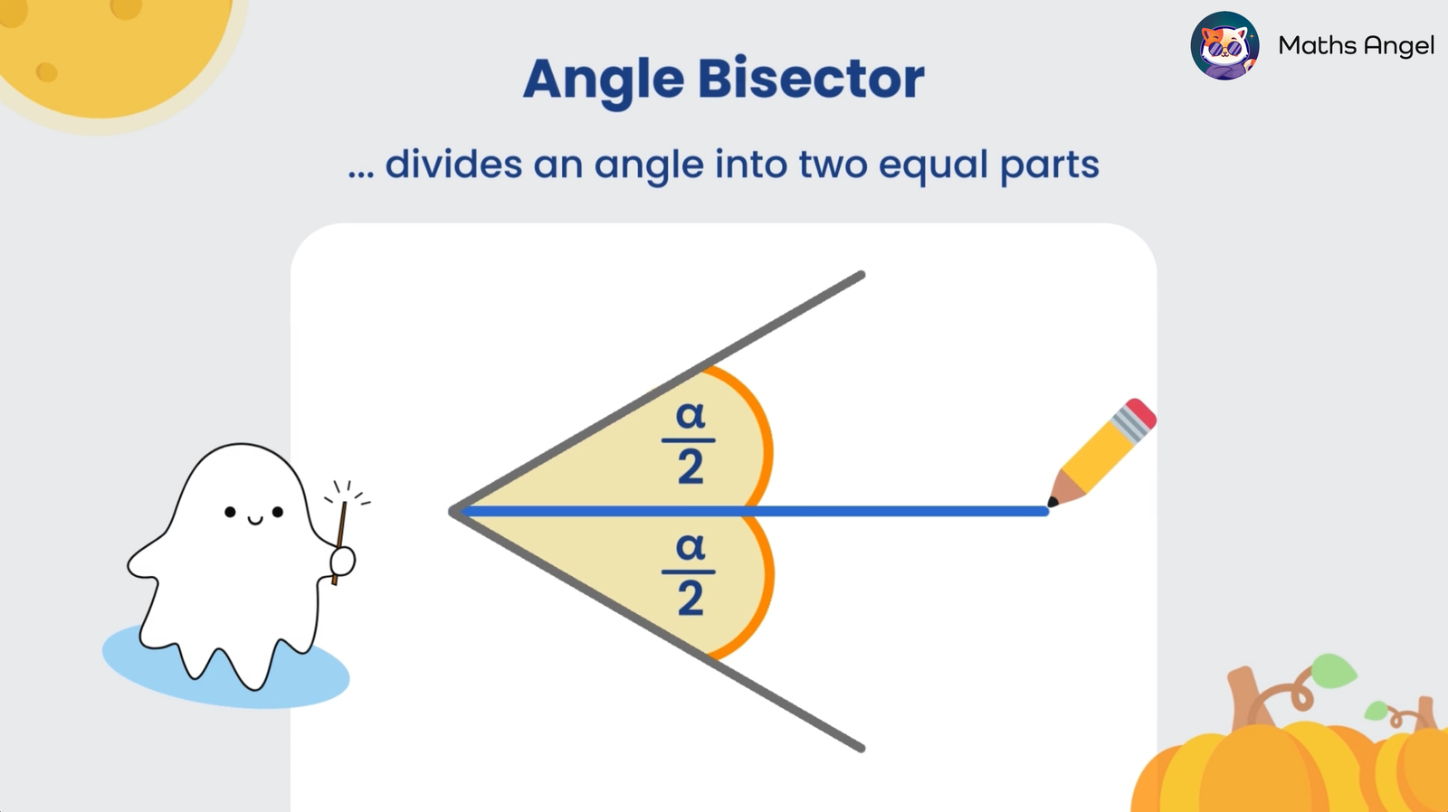 Angle bisector dividing an angle into two equal parts, with one half labelled ?/2 and the other half also labelled ?/2.