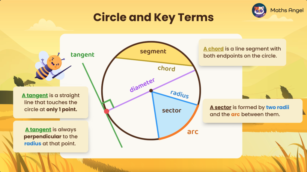 Diagram showing key properties of circles: tangent, chord, diameter, radius, sector, segment, and arc, with definitions around the circle.