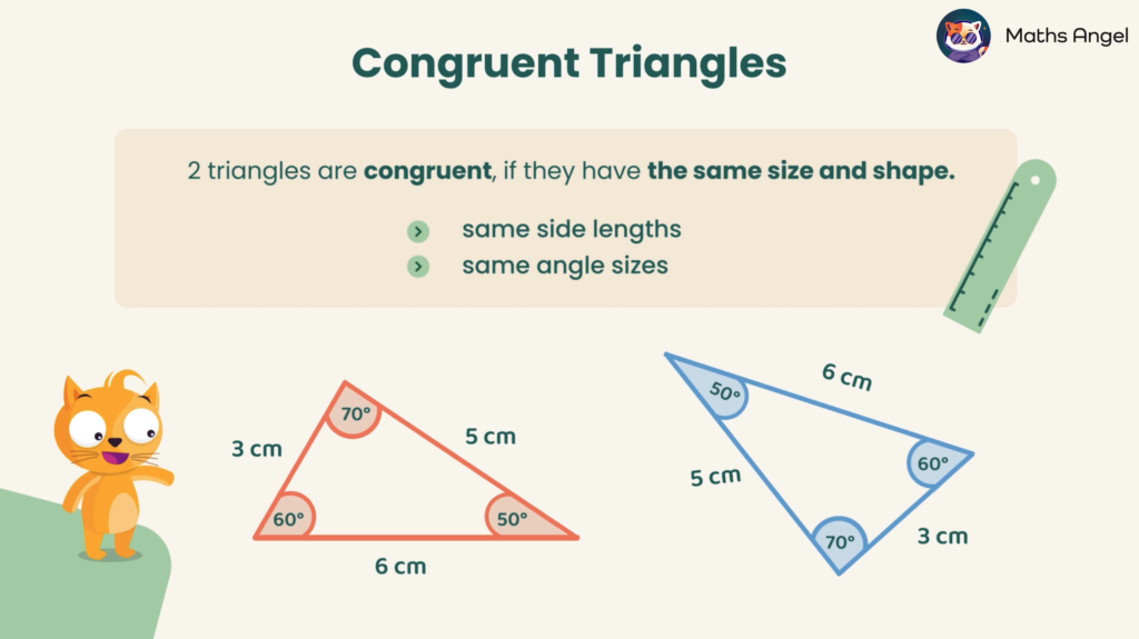 Congruent triangles criteria with examples showing two triangles with same side lengths and angle sizes.