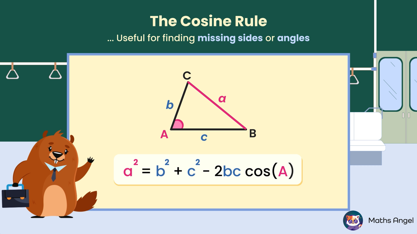 Cosine Rule formula a² = b² +c² -2bc·cos(A) explained with a triangle diagram labelled with sides a, b, c, and angle A.