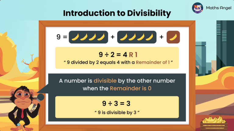 Illustration explaining divisibility using bananas to represent division of 9 by 2 and 3, showing a remainder with 2 and no remainder with 3.