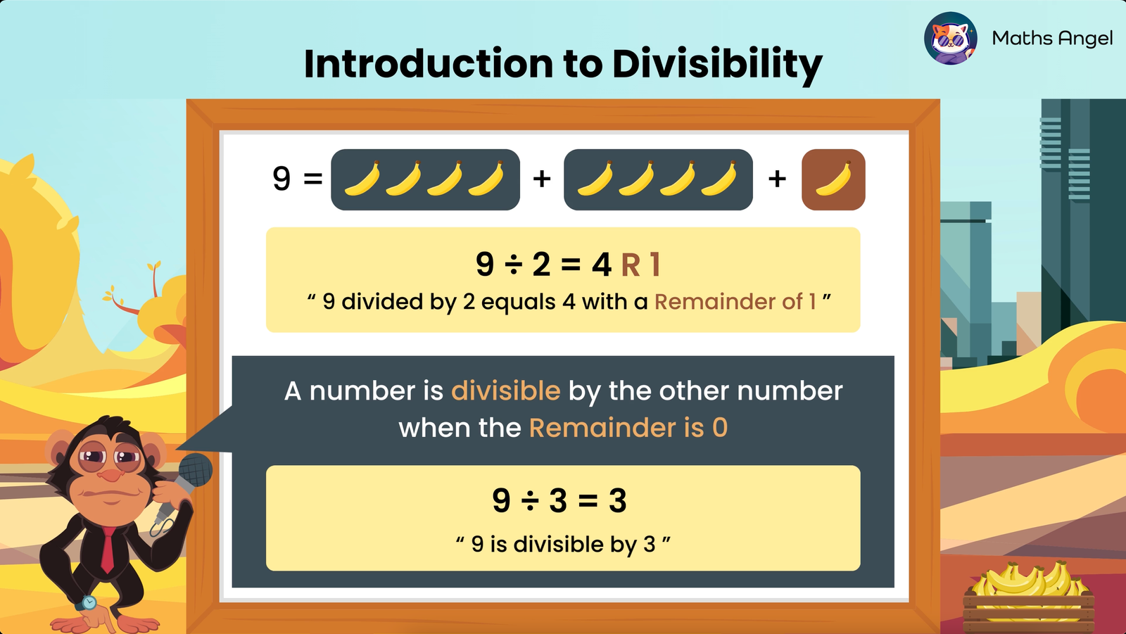 Illustration explaining divisibility using bananas to represent division of 9 by 2 and 3, showing a remainder with 2 and no remainder with 3.