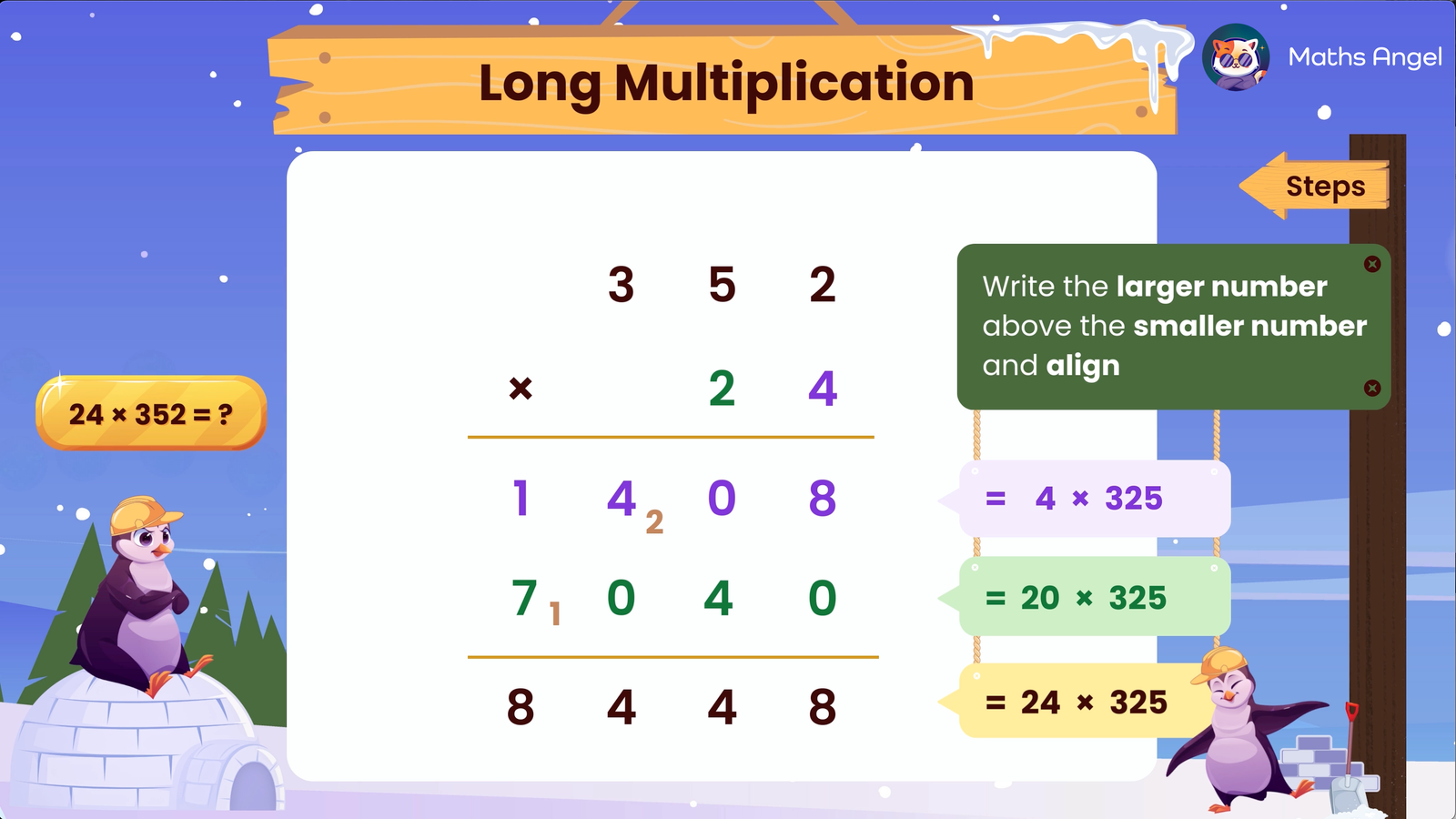 Long multiplication tutorial, explaining to place the smaller number beneath the larger one, aligning digits, and multiplying each digit step by step.