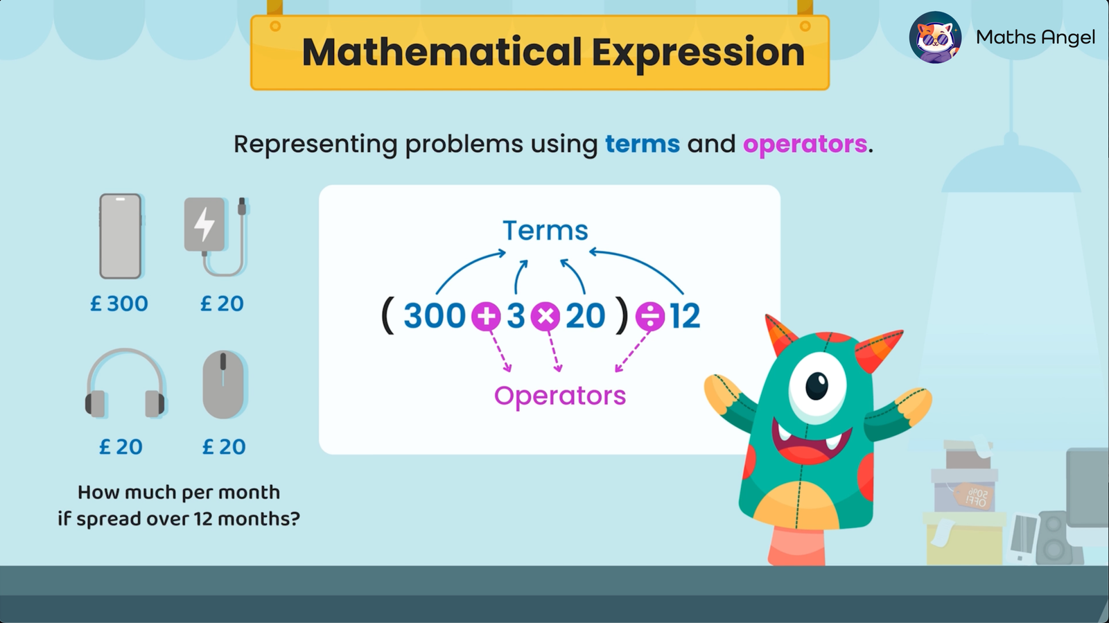 Total cost of a £300 phone and £20 each for a charger, headphones, and mouse, paid in 12 installments, as an expression using terms and operators.