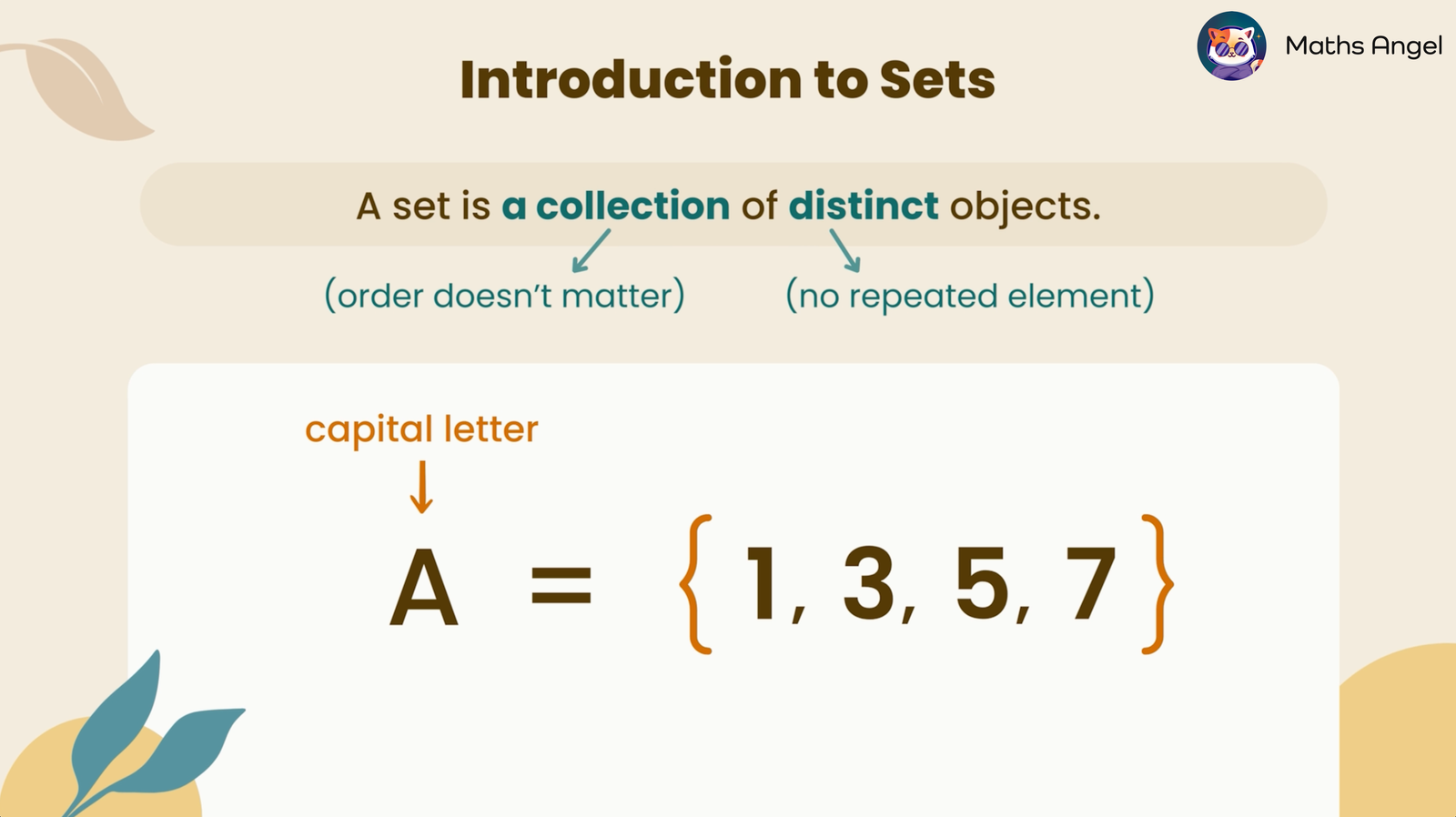 Introduction to sets showing a set A = {1, 3, 5, 7} defined as a collection of distinct objects, with no repeated elements and order doesn't matter.