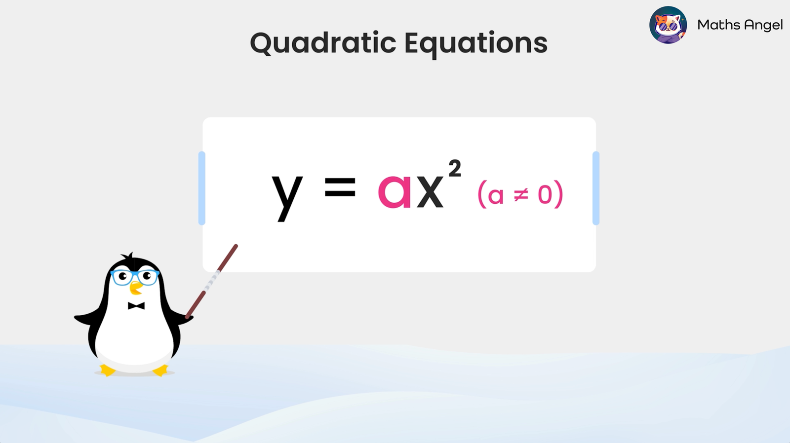 Quadratic equation formula y = ax² with a not equal to zero, highlighting coefficient 'a'.