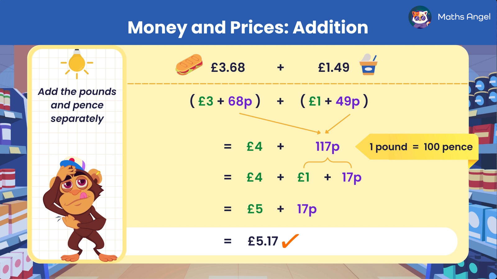 Calculation of adding £3.68 and £1.49 by separating pounds and pence, demonstrating the result as £5.17.