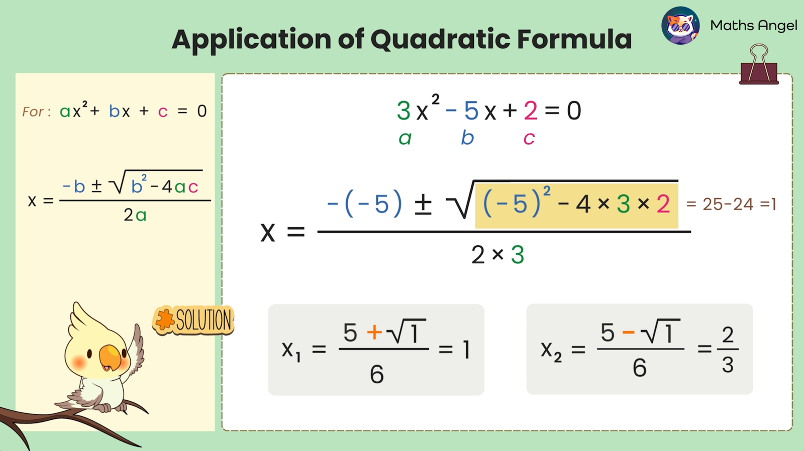 Solving a quadratic equation using the quadratic formula with a = 3, b = 5, and c = 2, resulting in roots x? = 1, and x? = 2/3.