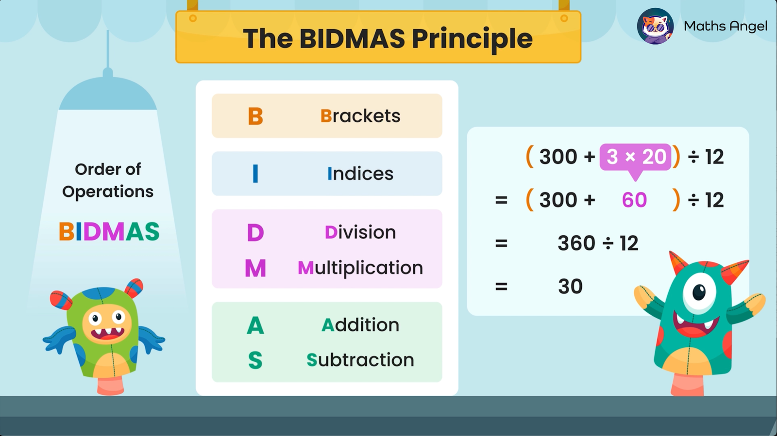 BIDMAS principle for order of operations, showing brackets, indices, division, multiplication, addition, and subtraction with a calculation example.