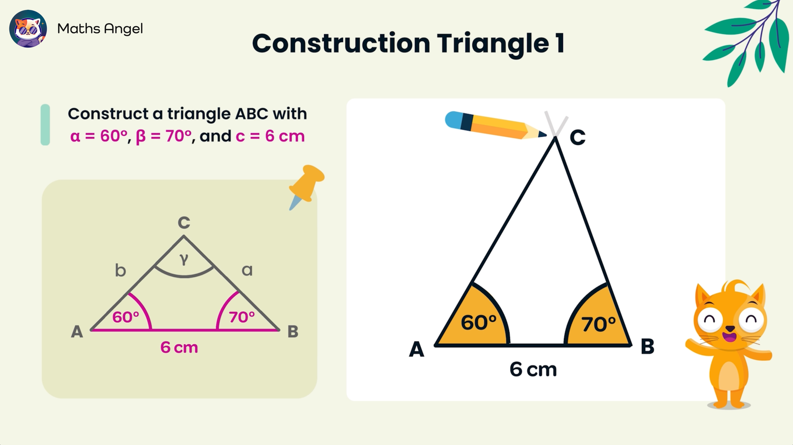 Constructing a triangle ABC with angles 60° and 70°, side c=6 cm using compass and ruler. The sides and angles are labelled.