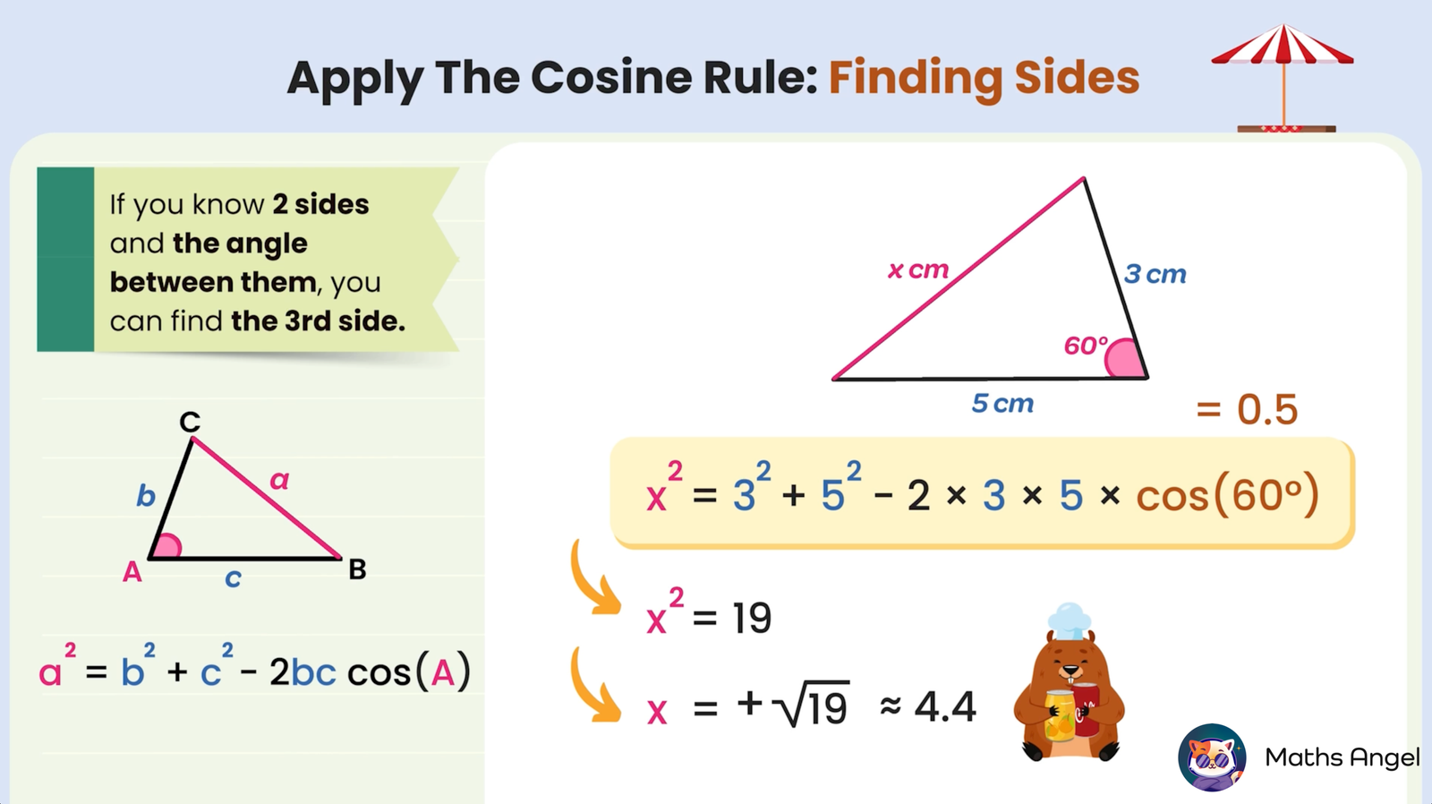 Using the cosine rule to find a side in a triangle with sides 3 cm and 5 cm and an angle of 60 degrees between them.