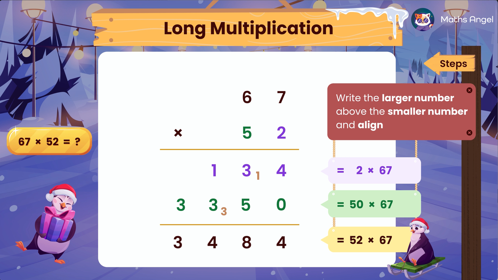 Long multiplication example with step-by-step instructions, showing the process from right to left, partial products, and final summation.