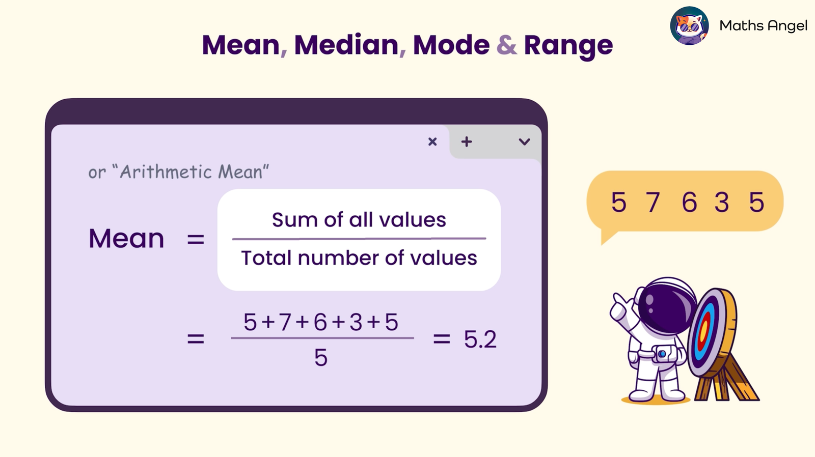 How to calculate the mean with a dataset of values 5, 7, 6, 3, and 5.