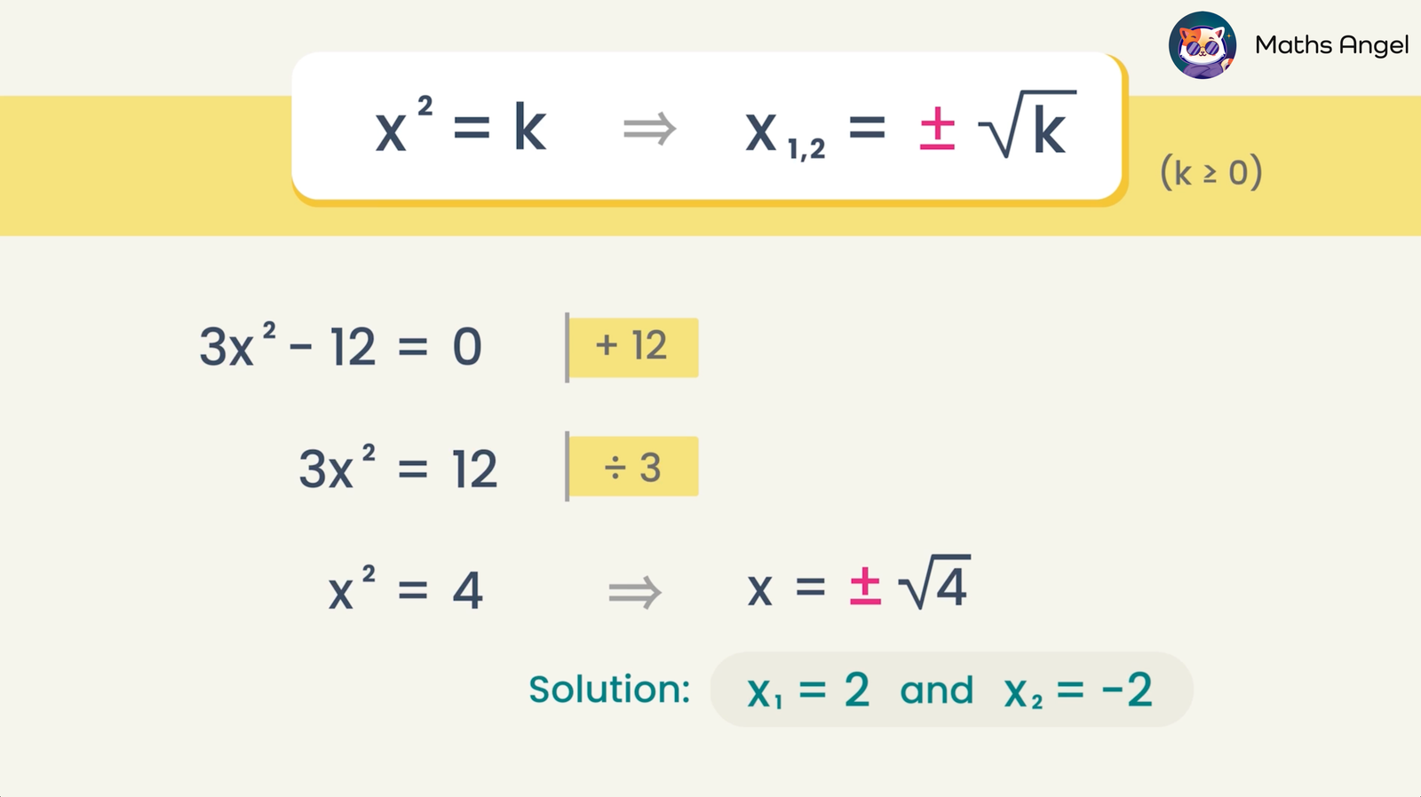 Solving quadratic equations with the steps to isolate x² and find solutions x? and x? using the formula x = ±?k, resulting in x? = 2 and x? = -2.