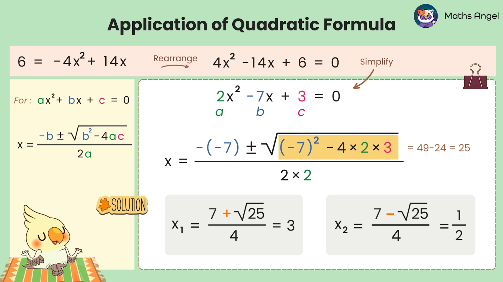 Solving a quadratic equation using the quadratic formula, with step-by-step breakdown and final solutions.