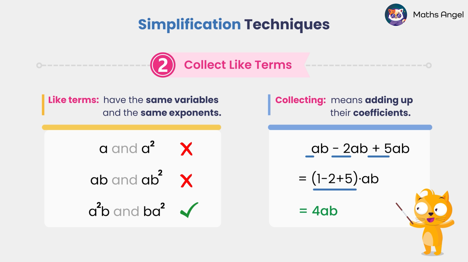 Simplification techniques showing how to collect like terms by adding coefficients and identifying like terms with the same variables and exponents.