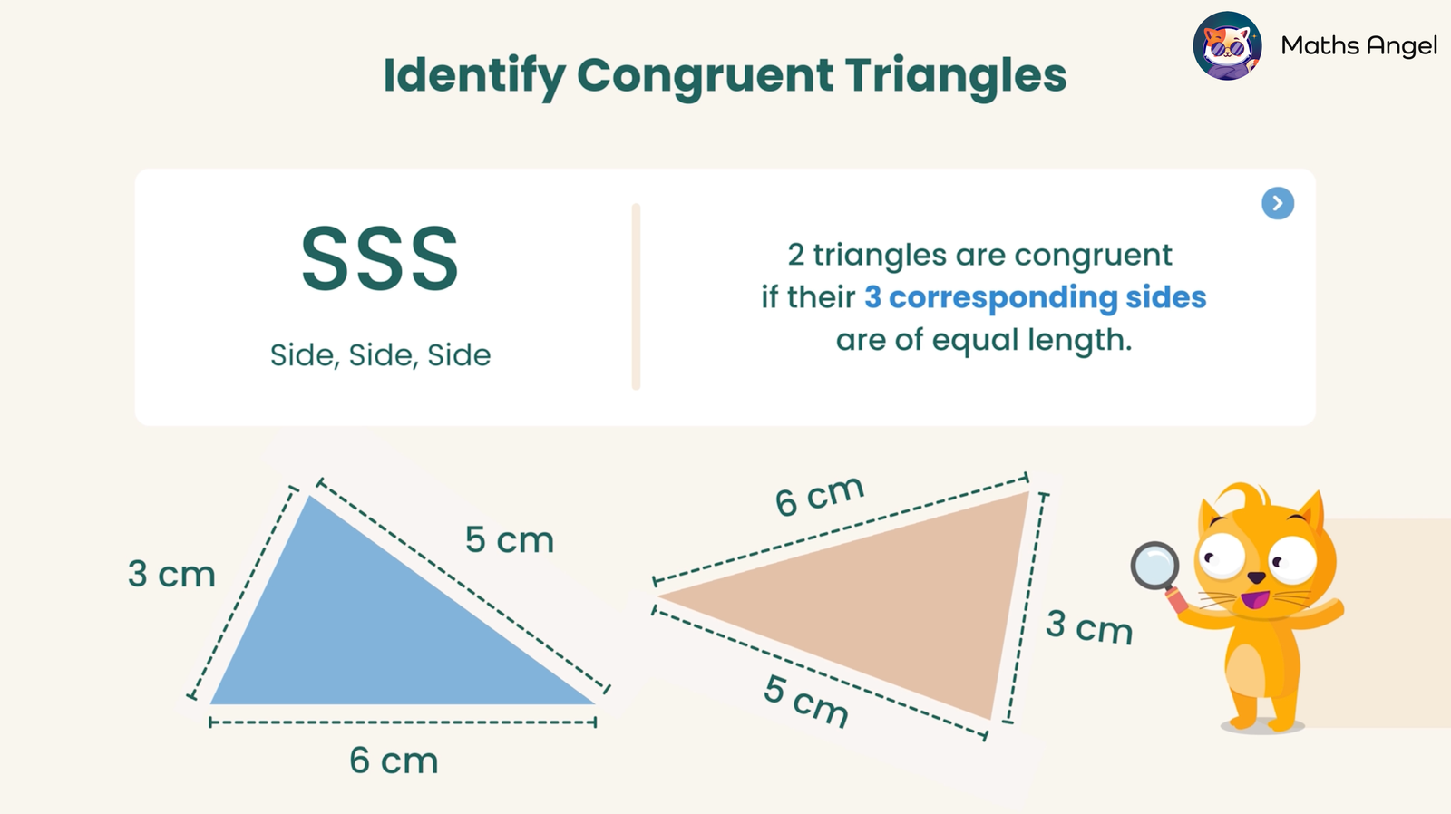 Identifying congruent triangles using SSS (side, side, side) criteria with two triangles both having sides of 3 cm, 5 cm, and 6 cm.