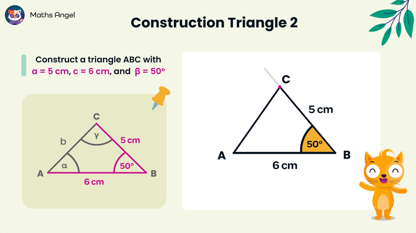 Constructing a triangle ABC with sides 5 cm and 6 cm, and angle 50°, including labelled diagram.