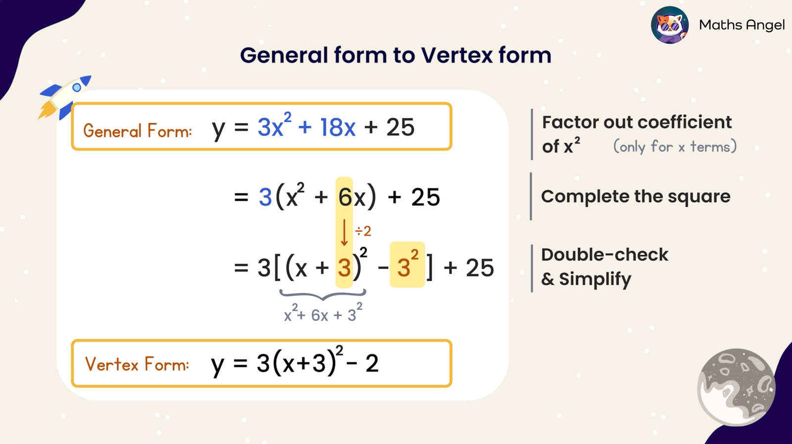 Conversion of a quadratic equation from standard form y = 3x² + 18x + 25 to vertex form by completing the square, resulting in y = 3(x + 3)² - 2.