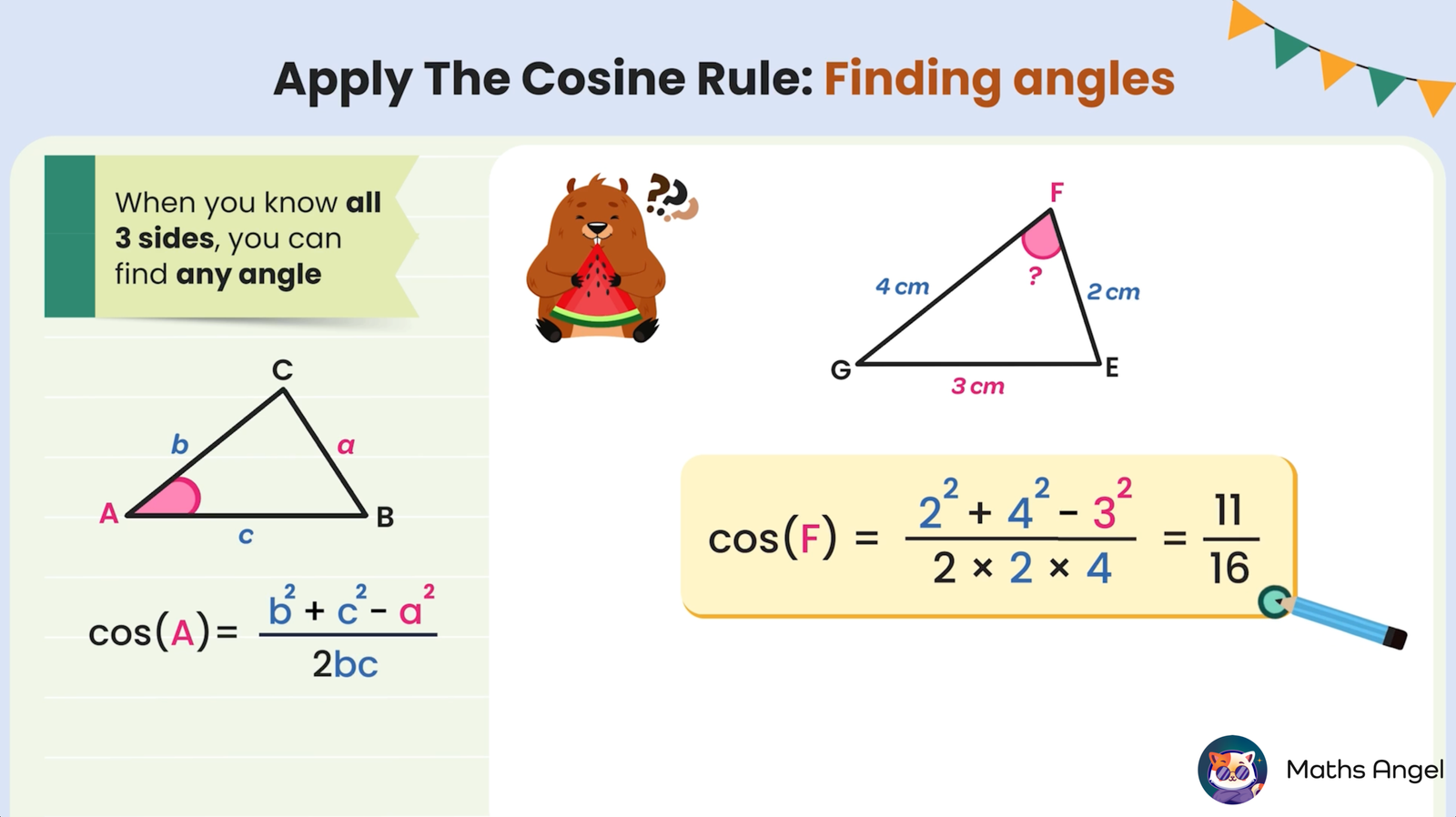 Triangle GEF with sides 4 cm, 3 cm, and 2 cm, applying the cosine rule to find angle F as 47 degrees using a calculator.