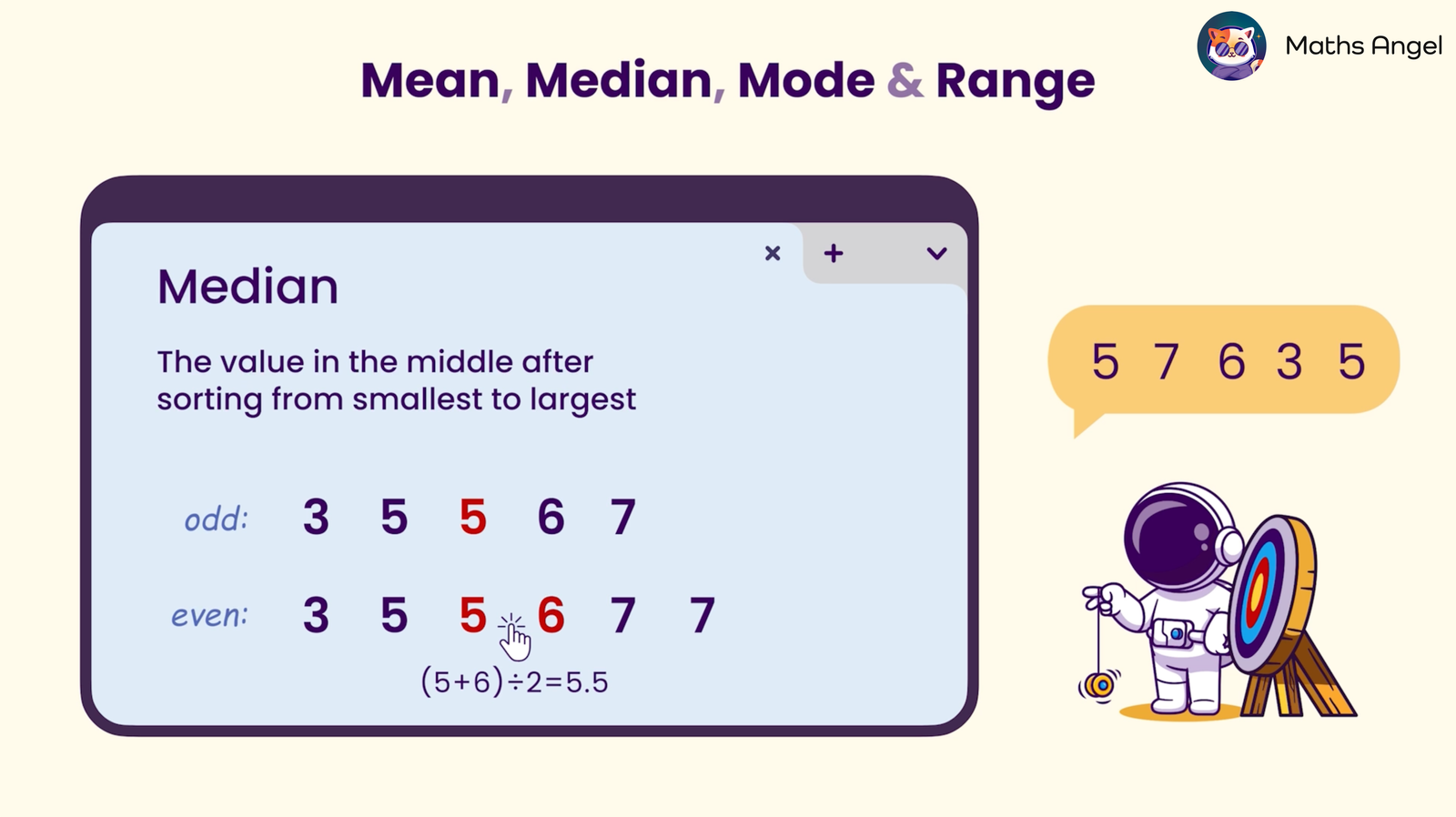 Diagram explaining the median in a dataset, showing examples with odd and even numbers.