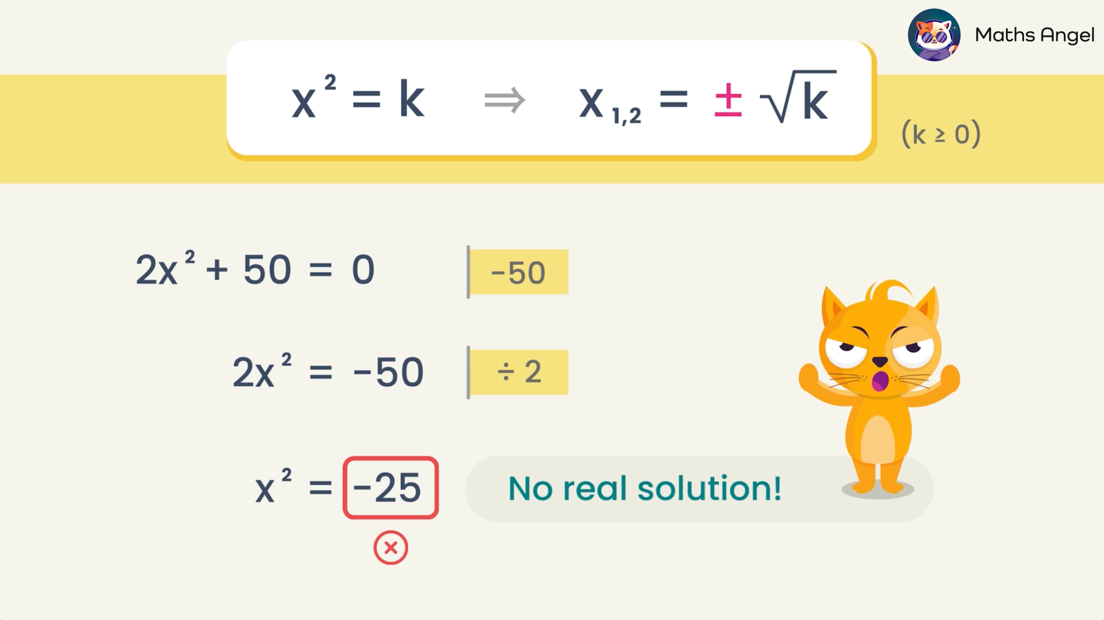 Solving quadratic equations, demonstrating x² = k and x² + 50 = 0 leading to no real solution since x² = -25.