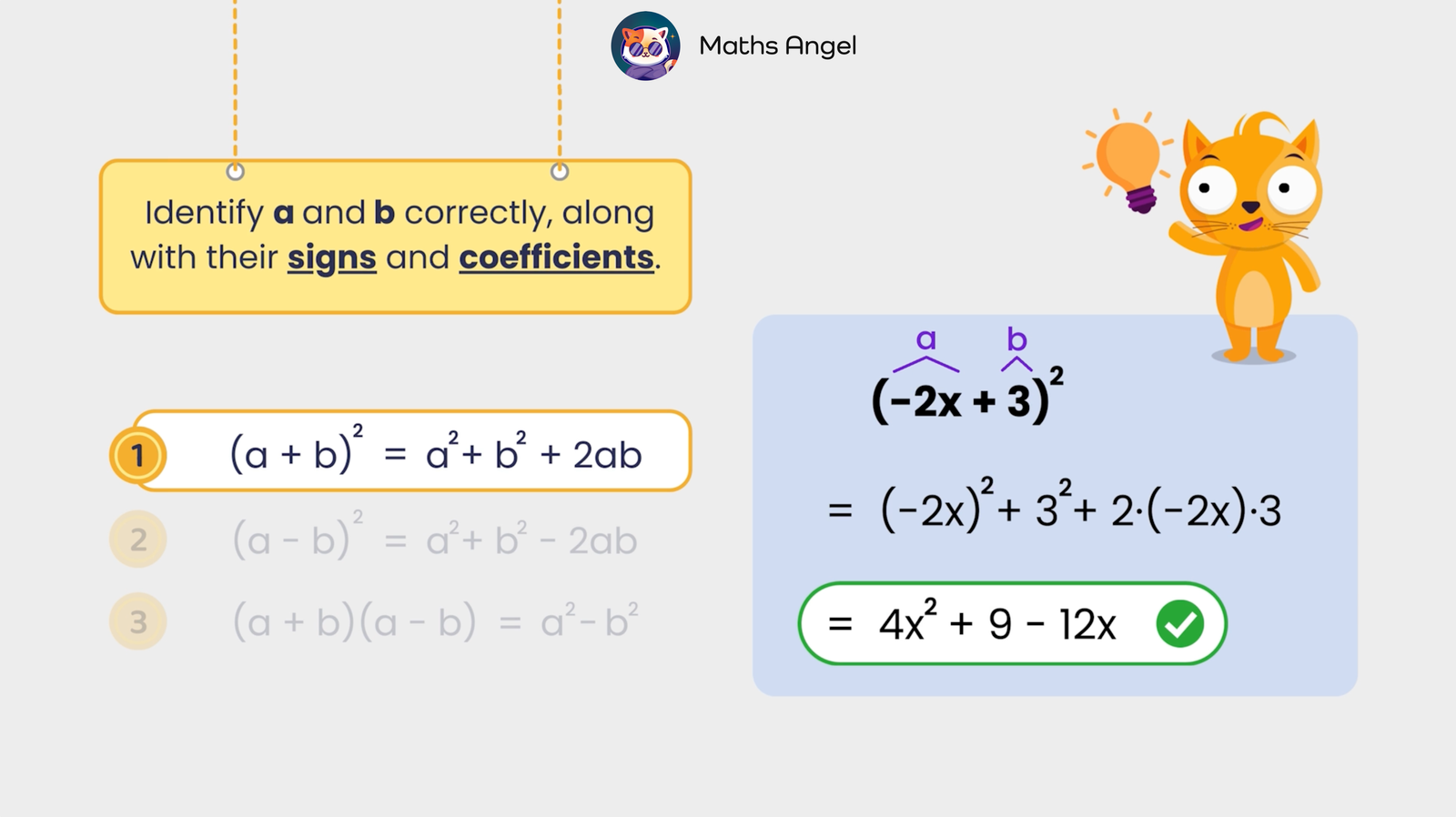 Binomial expansion showing the formula (a + b)² = a² + b² + 2ab, and an example (-2x + 3)² = 4x² + 9 - 12x.