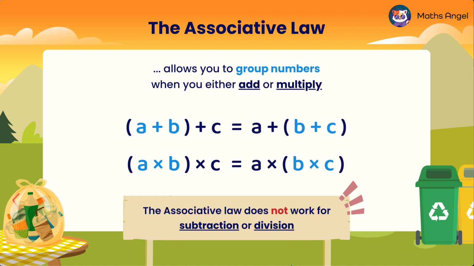 The Associative Property allows grouping numbers when adding or multiplying, but does not apply to subtraction or division.