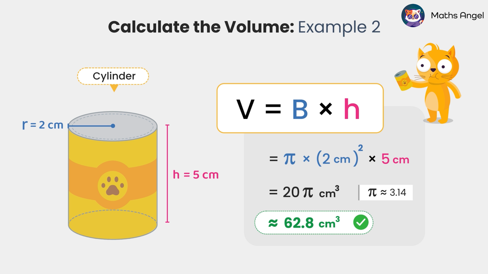 Volume calculation of a cylinder with a radius of 2 cm and height of 5 cm, using the formula V = B × h. The final volume is approximately 62.8 cm³.