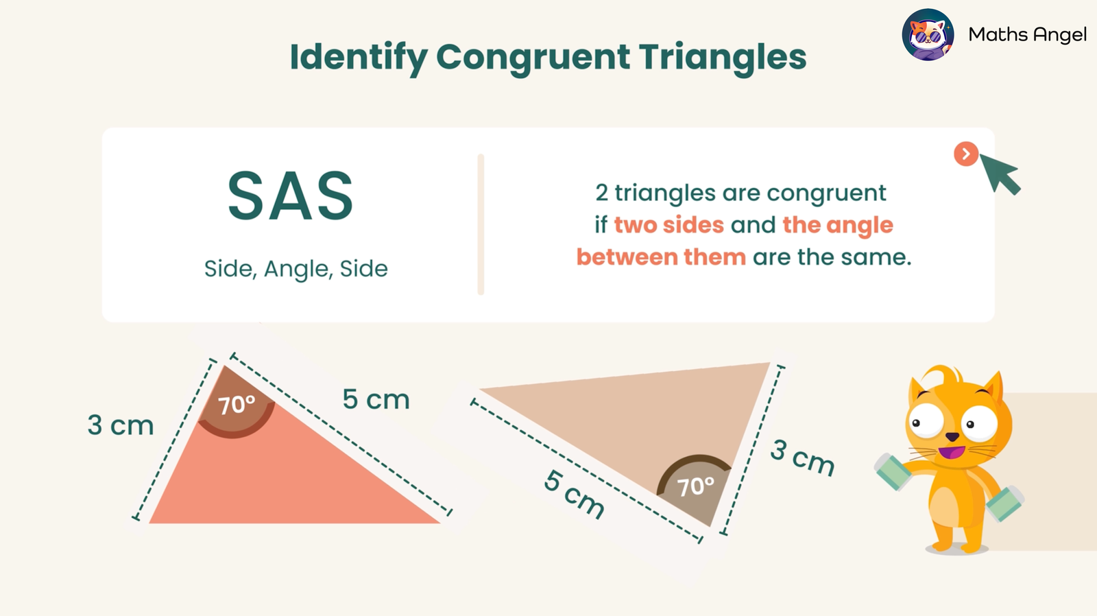 Identifying congruent triangles using SAS (Side, Angle, Side) rule with two triangles having sides of 3 cm, 5 cm, and an included angle of 70 degrees.