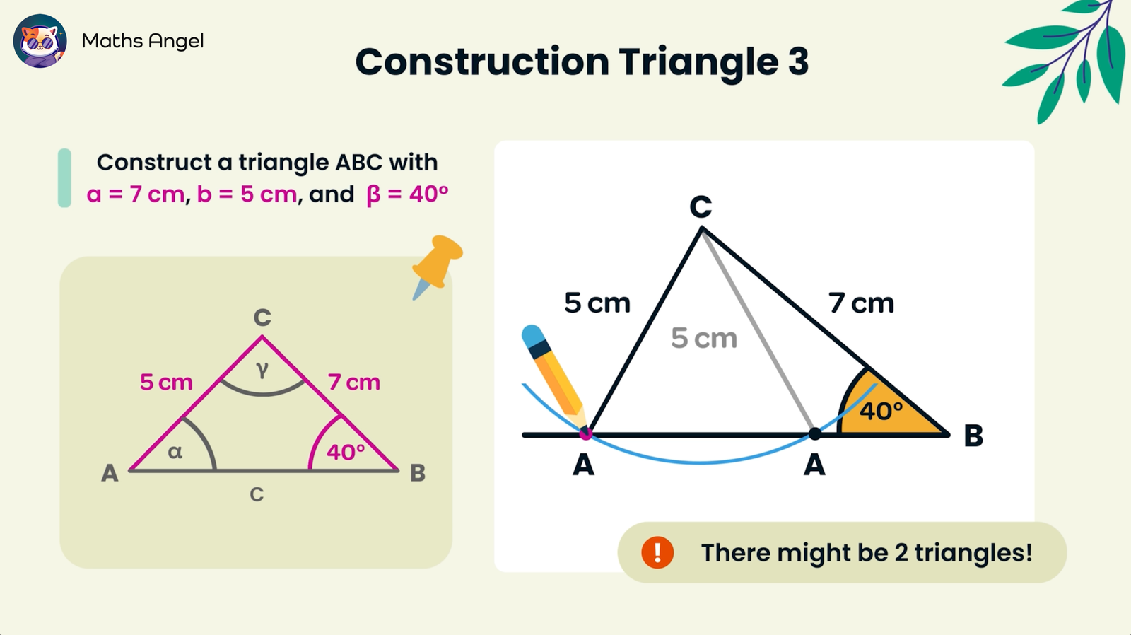 Constructing a triangle ABC with sides a = 7 cm, b = 5 cm, and angle ? = 40°, showing two possible triangles with different angles at vertex C.