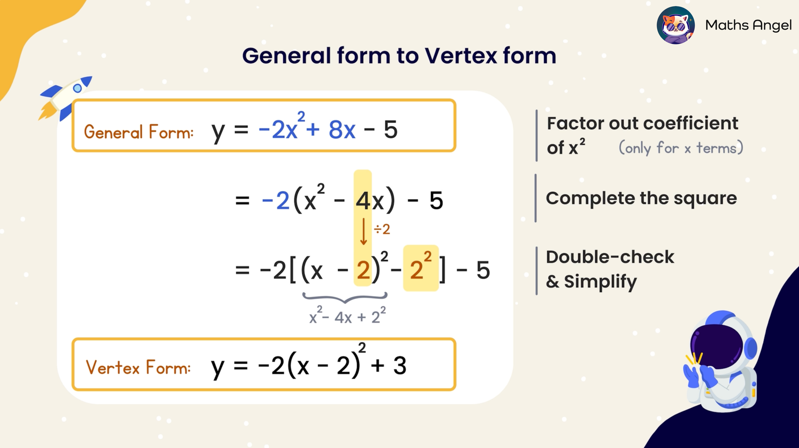 Converting the quadratic equation y = -2x² + 8x - 5 from general to vertex form using completing the square method, resulting in y = -2(x - 2)² + 3.