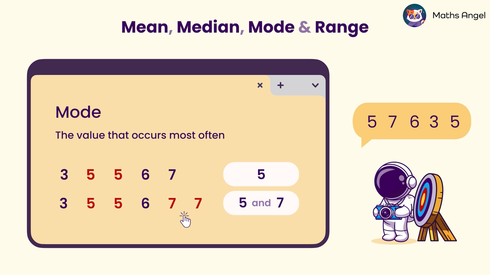 Illustration explaining mode in statistics with example numbers 3, 5, 5, 6, 7 and identifying mode values as 5 and 7.