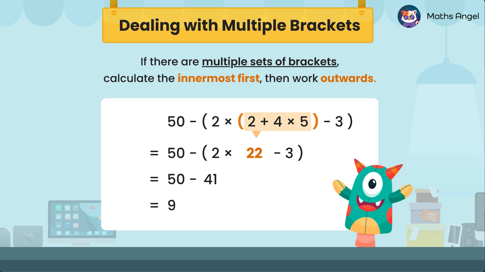 Step by step example of solving an expression with multiple brackets, 50-(2*(2+4*5)-3), using BIDMAS/BODMAS.