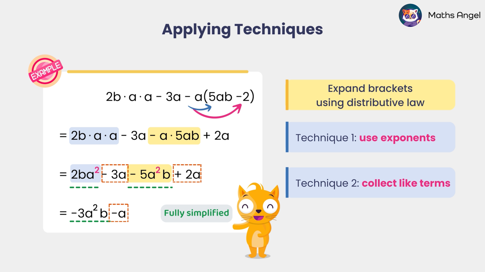 Simplifying algebraic expression involving multiple variables using distributive law, exponents, and collecting like terms.