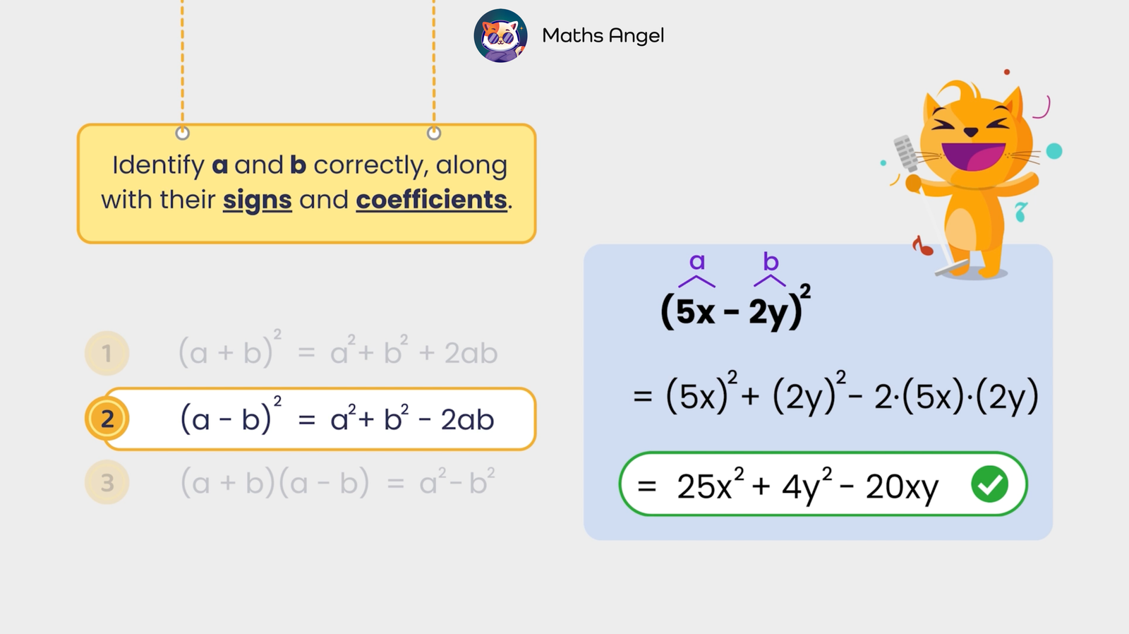 Expanding the binomial (5x - 2y)² using the formula (a - b)² = a² + b² - 2ab, resulting in 25x² + 4y² - 20xy.