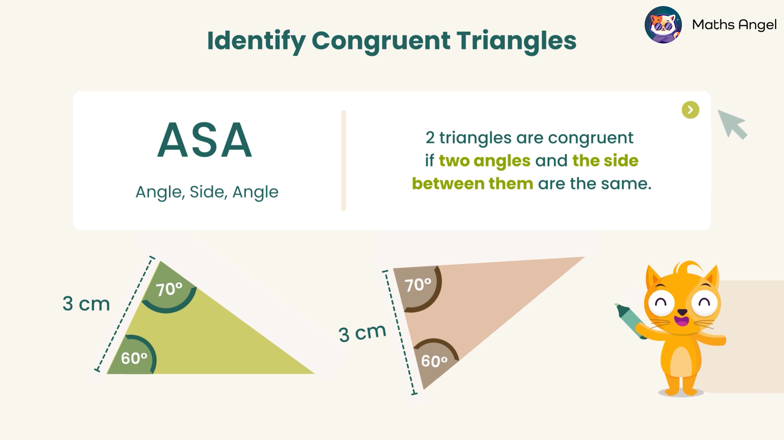 Identifying congruent triangles using ASA (Angle, Side, Angle) with two example triangles showing two angles and the included side as the same.