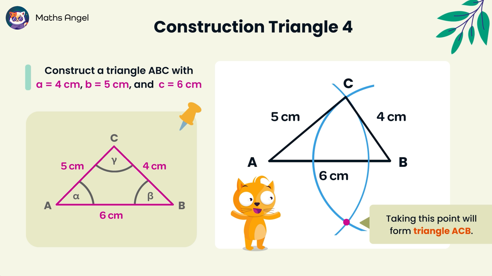 Constructing triangle ABC with sides 4 cm, 5 cm, and 6 cm using compass and ruler, including labelled angles ?, ?, and ?.