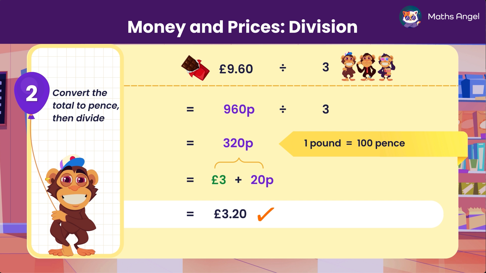 Calculating £9.60 divided by 3 step by step using pounds and pence, resulting in £3.20.