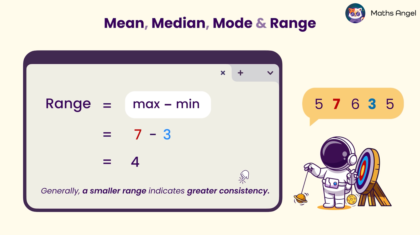 Mode calculation example with values 3, 5, 5, 6, 7 showing that 5 and 7 are the most frequent numbers.