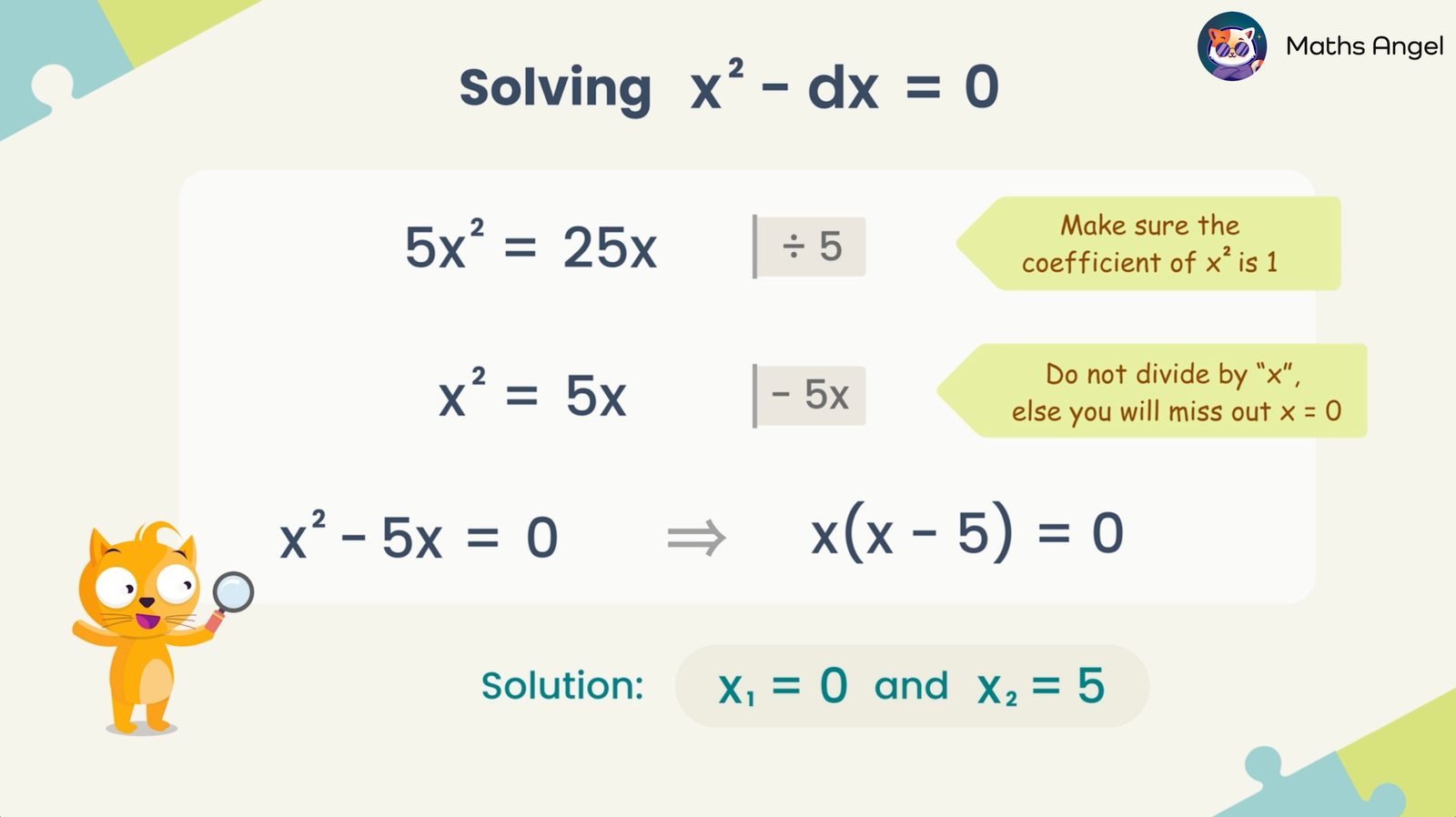 Solving quadratic equation x² - dx = 0 with steps to simplify and factorise, showing solutions x? = 0 and x? = 5.