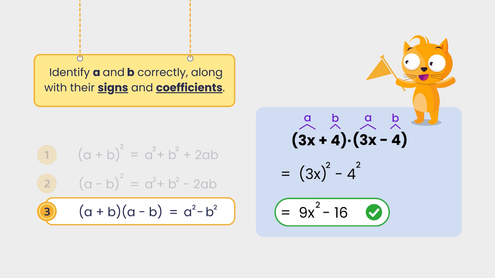 Identifying variables a and b with signs and coefficients in the formula (a + b)(a - b) = a² - b², using (3x + 4)(3x - 4) = 9x² - 16 as an example.