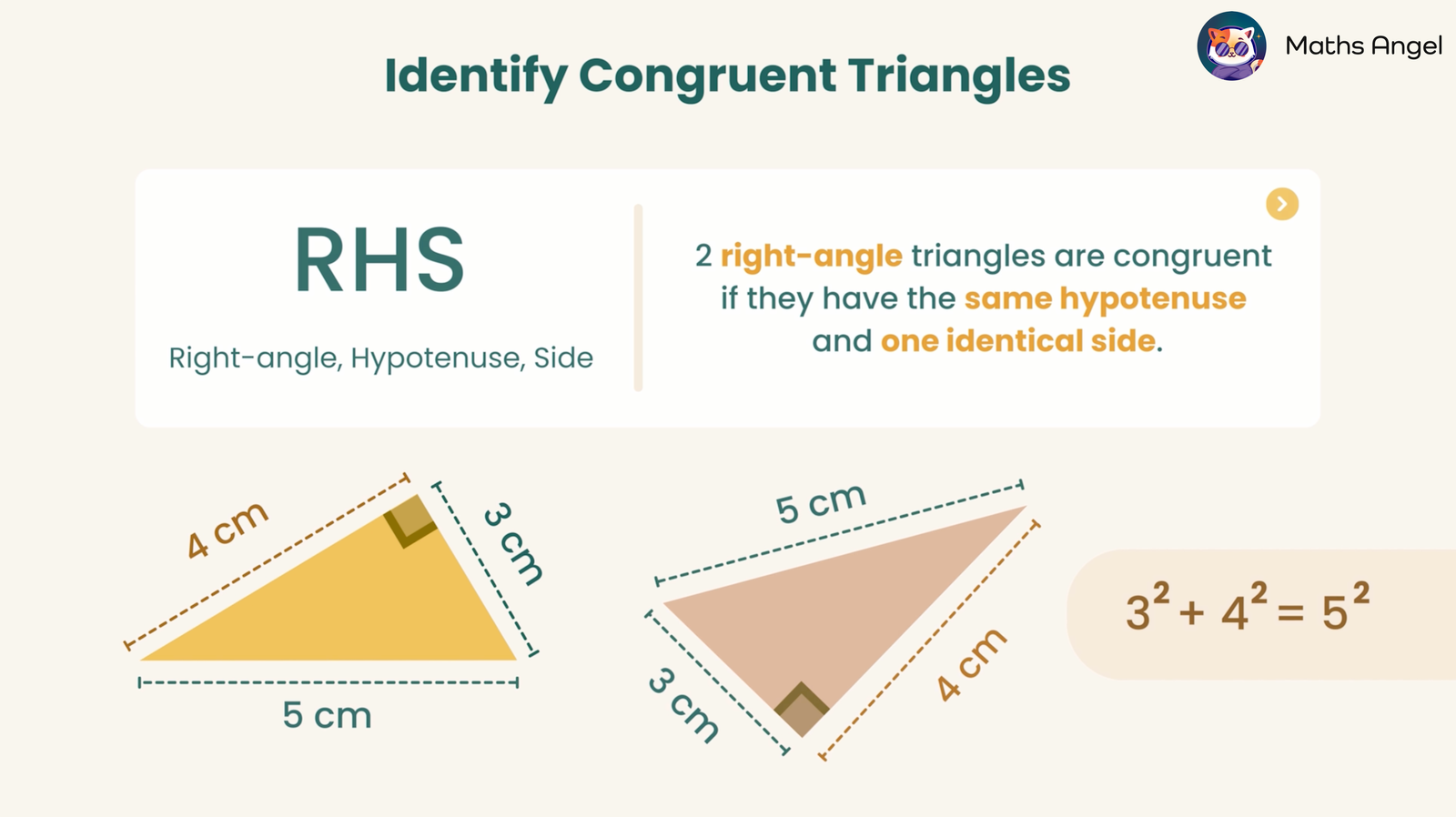 Identifying congruent triangles using RHS criteria with examples of right-angle triangles having the same hypotenuse and one identical side.