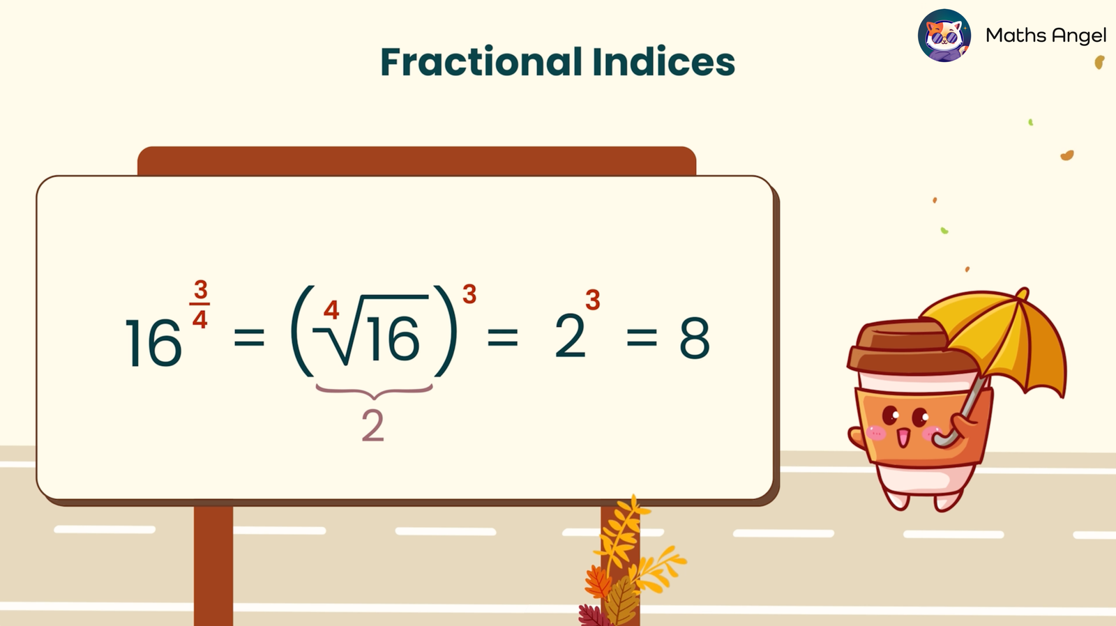 Equation showing fractional indices, with 16 raised to the power of 3/4 equalling the cube of the fourth root of 16, simplified to 2, resulting in 8.