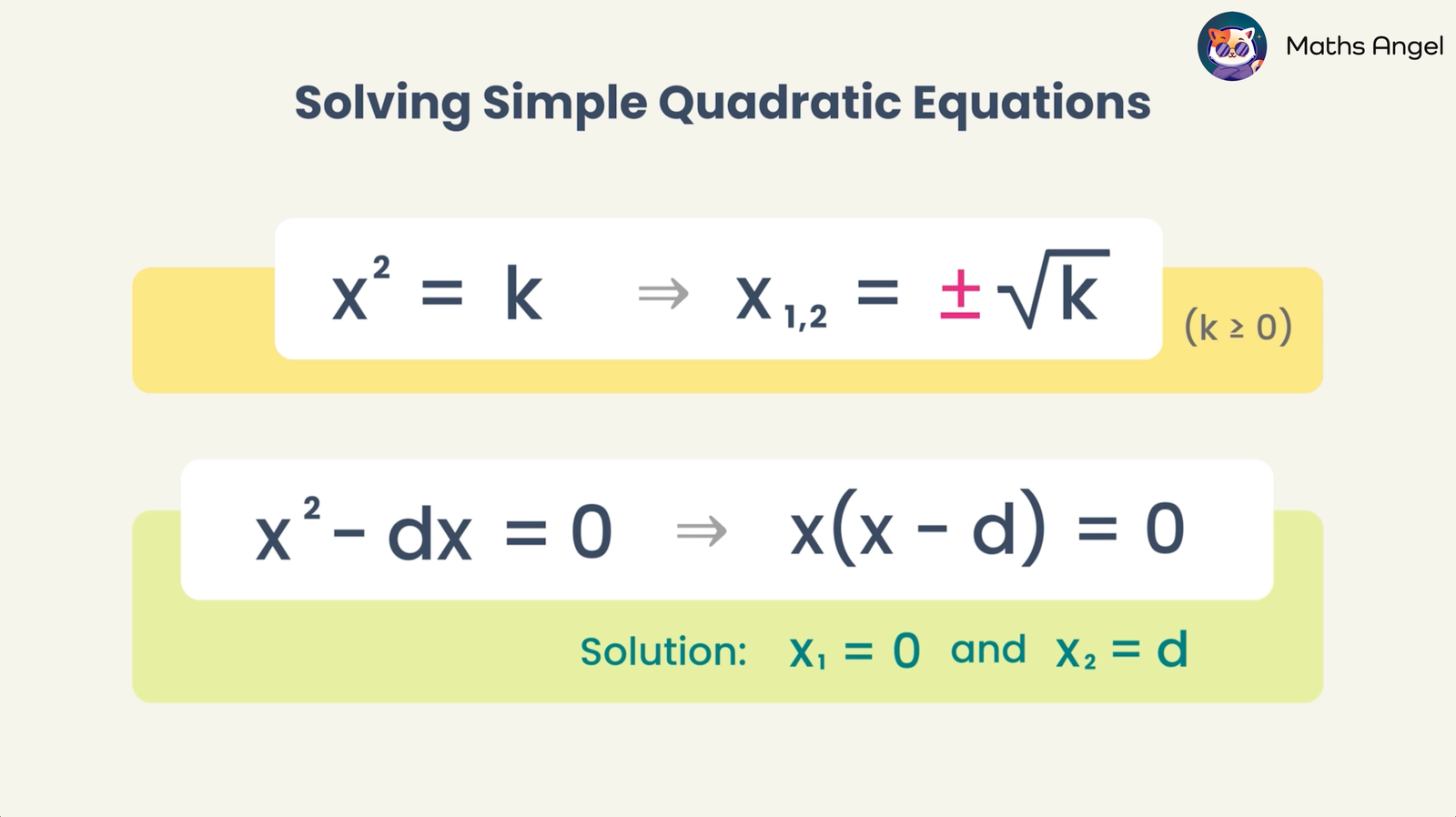 Solving simple quadratic equations with examples: x² = k leading to x = ±?k, and x² - dx = 0 leading to x = 0 or x = d.