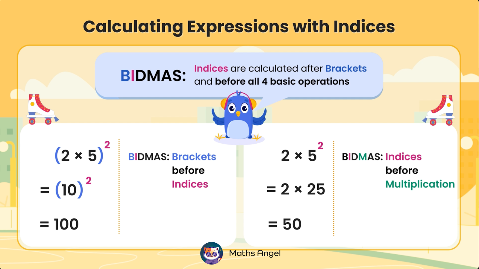 BIDMAS calculation rules with indices shown by comparing (2 × 5)^2 and 2 × 5^2, resulting in 100 and 50 respectively.