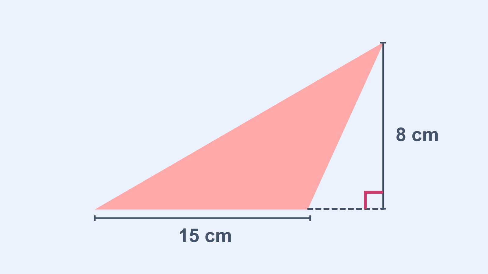 Triangle with a base of 15 cm, a height of 8 cm, and a right angle marked at the base-height intersection.
