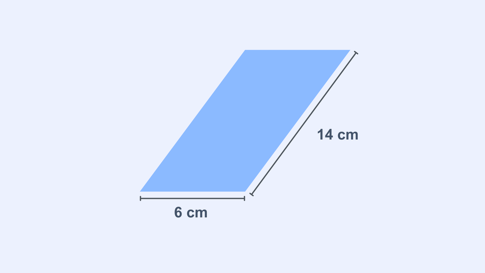 A blue parallelogram with a base measuring 6 cm and a slanted side measuring 14 cm.