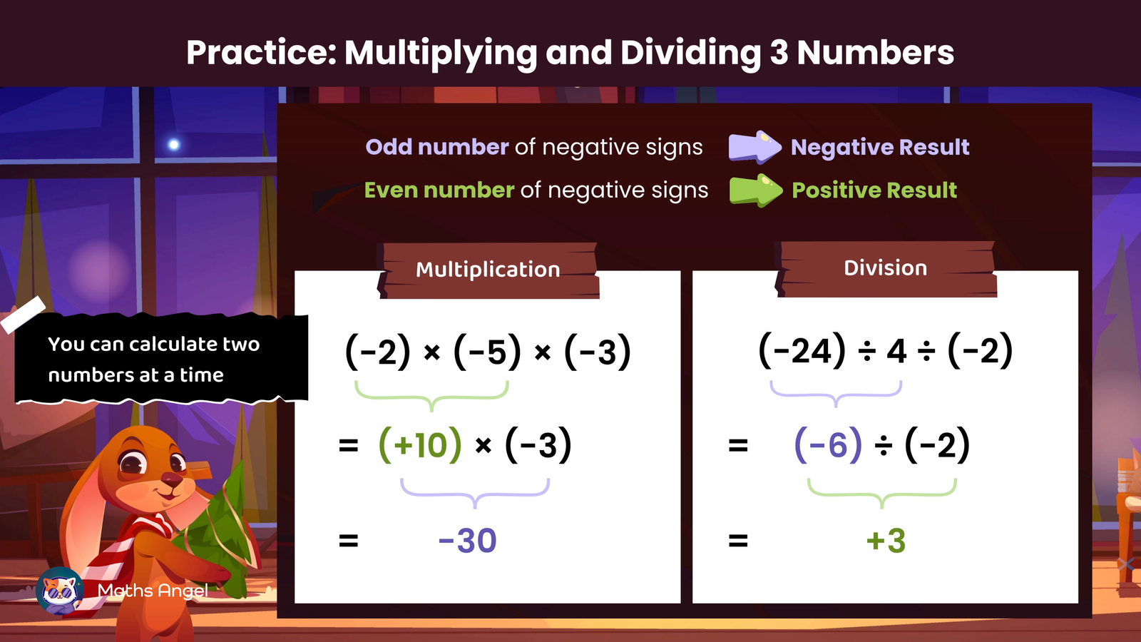 Steps for multiplication and division with rules for odd and even negative signs determining result positivity.