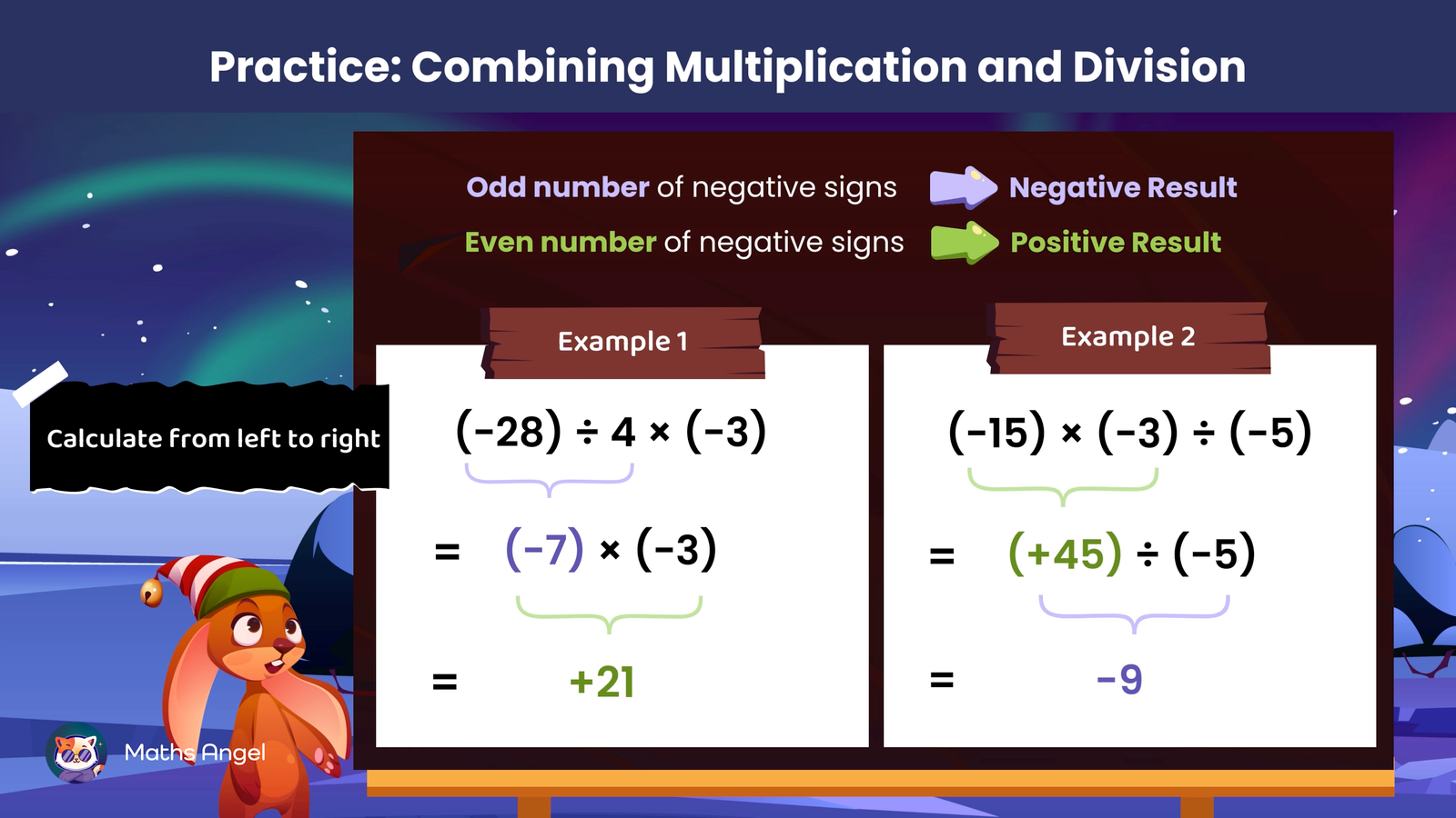 Combining multiplication and division with examples showing the rules for odd and even numbers of negative signs, calculating from left to right.